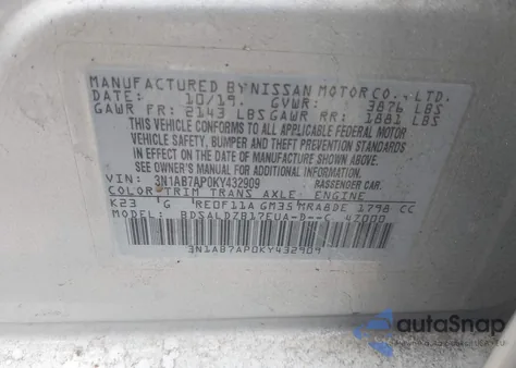 2019 Nissan Sentra Sv из США, поврежденный, VIN 3N1AB7AP0KY432909